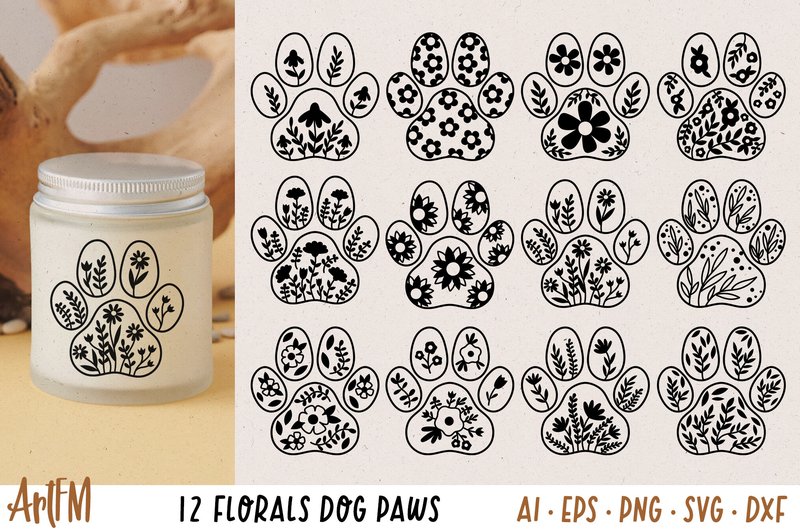 Floral Dog Paw Vector Illustrations (by ArtFM)
