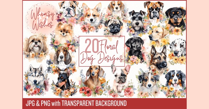 Floral Dogs Watercolor Clip Art Bundle (by whimsyandwishes)