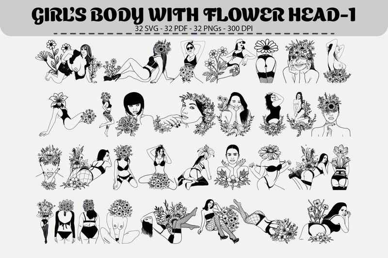 Girls Flower Head Clipart – 32 Designs (by digitalarthome41)