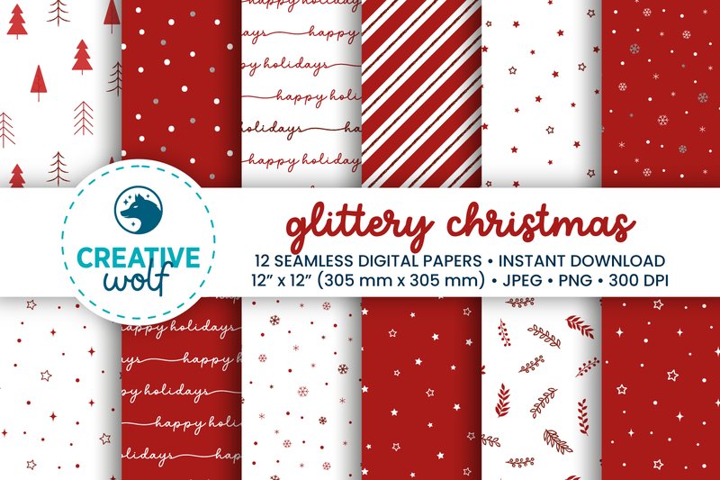 Glittery Christmas Digital Paper Pack (by Creative Wolf Design)