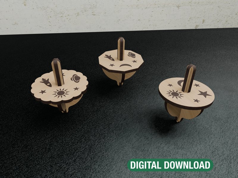 Laser Cut Files to Make 3 Spinning Tops (by fv3digital)