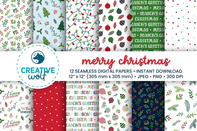 Merry Christmas Seamless Digital Papers (by Creative Wolf Design)