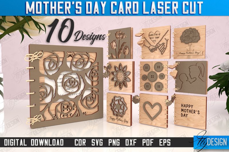 Mother's Day Cards Laser Cut Bundle |CNC (by flydesignsvg)