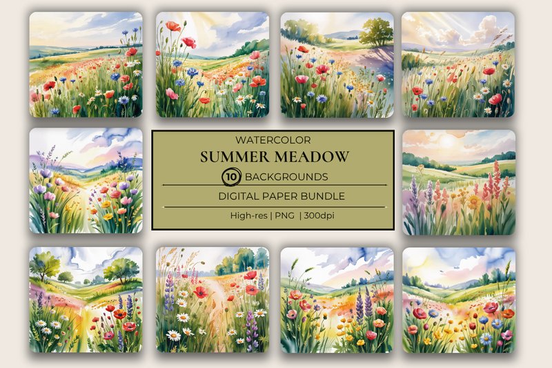 Summer Meadows Watercolor Scene Papers (by Harriet Warren | Digital Artist)