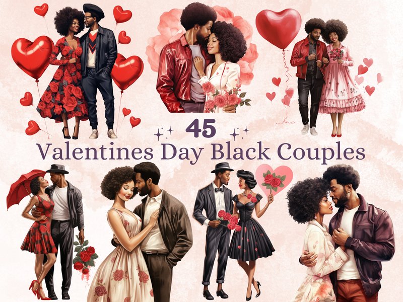 Valentine's Day Black Couple Clipart (by giraffecreativestudio)