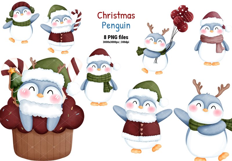 Watercolor Christmas Penguin Clipart. (by KisbyArt)