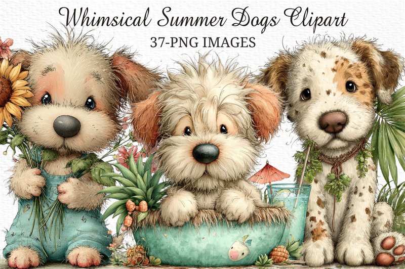 Whimsical Summer Dogs Clipart PNG (by CraftNest)