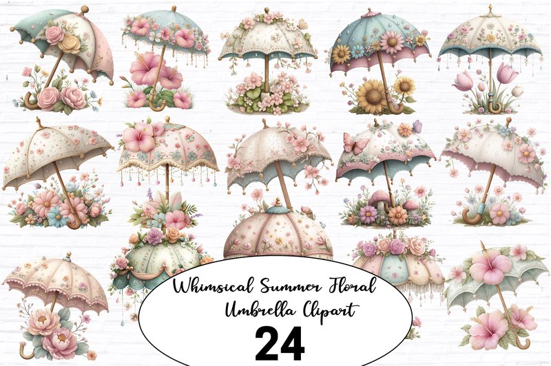 Whimsical Summer Floral Umbrella Clipart (by PurMoon Studio)