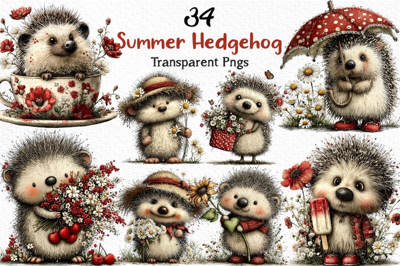 Whimsical Summer Hedgehog Clipart PNG (by CraftNest)