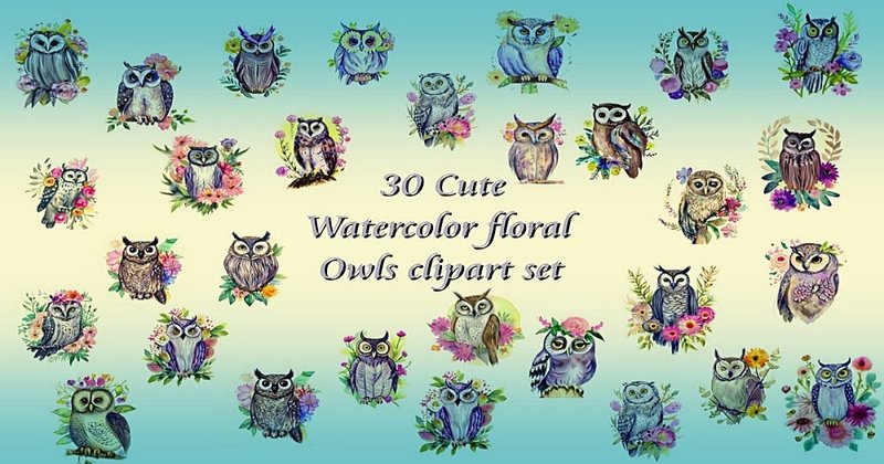30 Cute Watercolor Floral Owls Clipart (by ArtMix)
