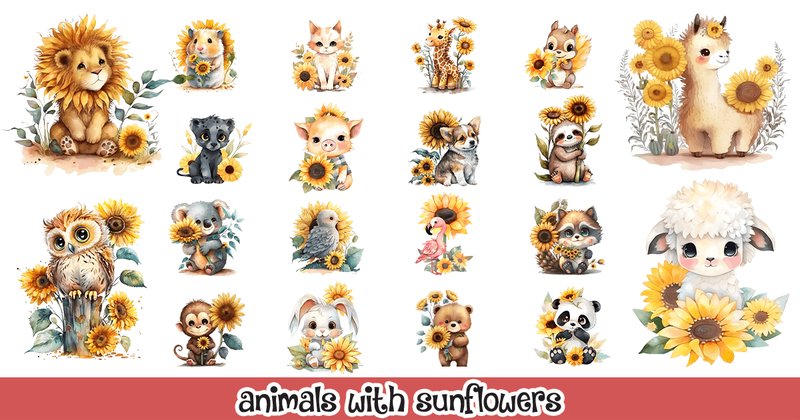 Animals with Sunflowers PNG Watercolor (by Diy Crafts Ideas)