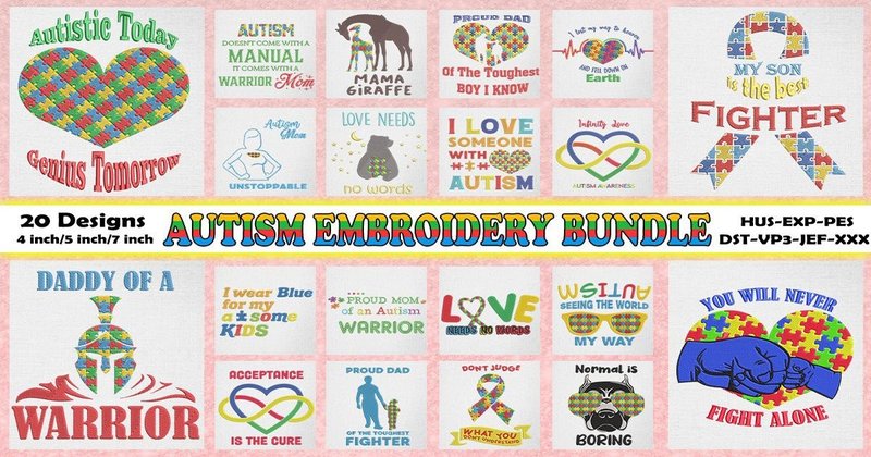 Autism Awareness Embroidery Bundle (by Honi.designs)