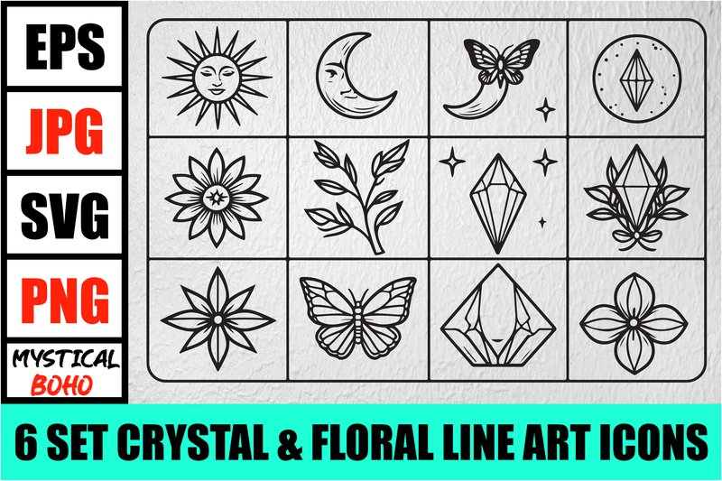 Boho Crystal & Floral Line Icons Set