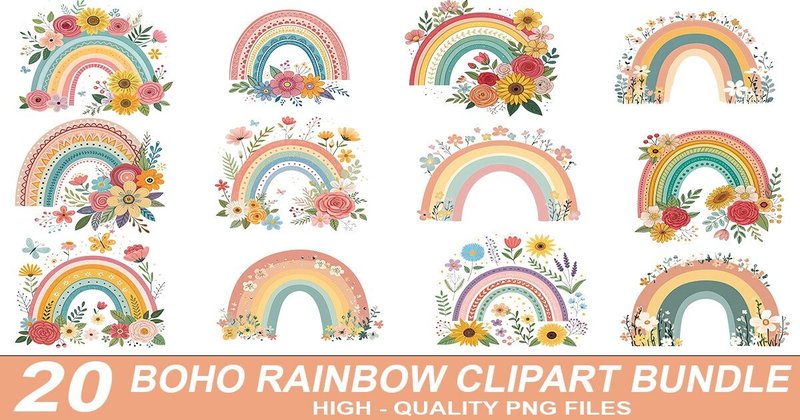 Boho Rainbow Floral Clipart Bundle (by crative8112)