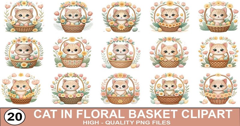 Cat in Floral Basket Clipart Bundle (by SVG Print design)