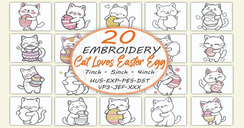 Cat Loves Easter Egg Embroidery Bundle (by Honi.designs)