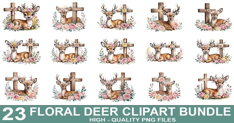 Christian Floral Deer Clipart Bundle (by crative8112)