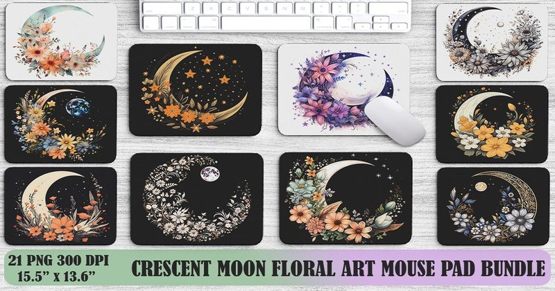 Crescent Moon Floral Art Backgrounds Bundle (by Foxmia)