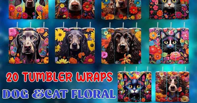 Cute Cat and Dog Floral Tumbler Wraps Bundle (by DaFlowerChild)