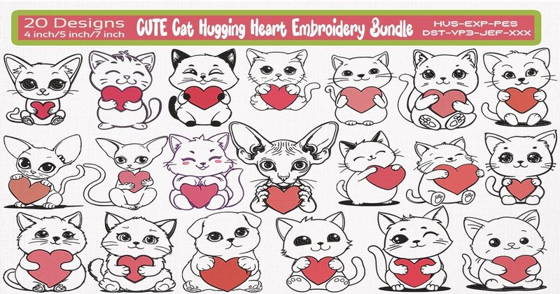 Cute Cat Hugging Heart Embroidery Bundle (by Honi.designs)