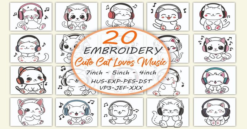 Cute Cat Loves Music Embroidery Bundle (by Honi.designs)