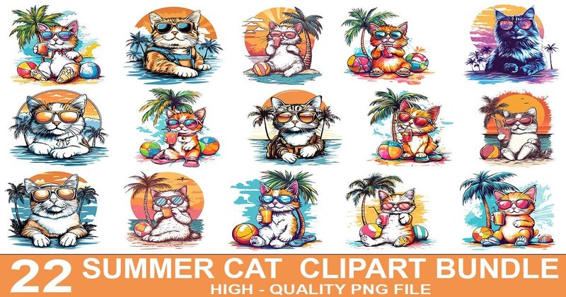 Cute Cat on the Beach Clipart Bundle (by crative8112)