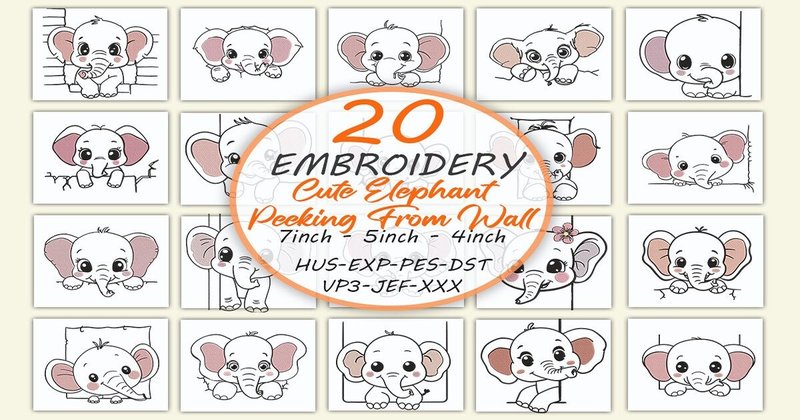 Cute Elephant Peeking from Wall Embroidery Bundle (by Honi.designs)