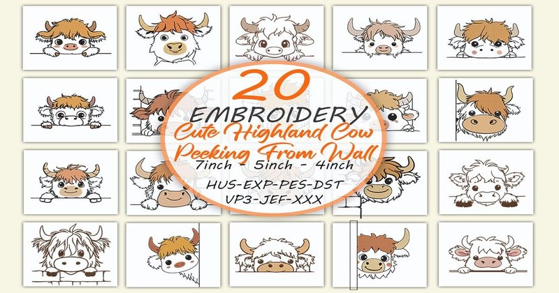 Cute Highland Cow Peeking from Wall Embroidery Bundle (by Honi.designs)