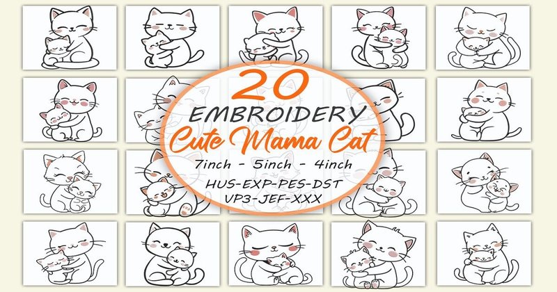Cute Mama Cat Embroidery Bundle (by Honi.designs)