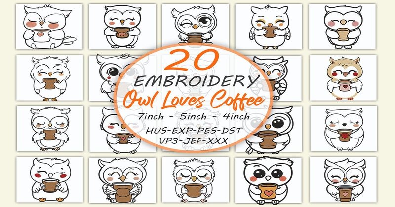 Cute Owl Loves Coffee Embroidery Bundle (by Honi.designs)