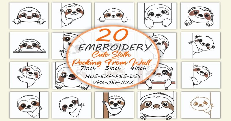 Cute Sloth Peeking from Wall Embroidery Bundle (by Honi.designs)