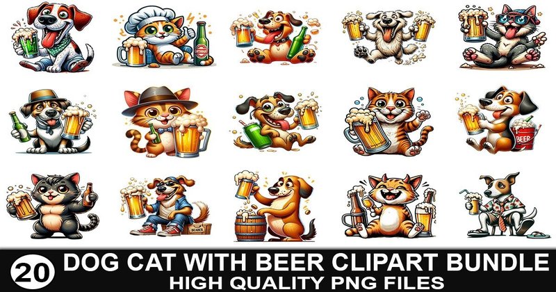 Dog & Cat with Beer Glass Clipart Bundle (by SVG Print design)