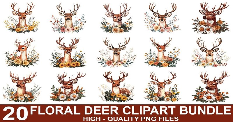 Floral Deer Clipart Design Bundle (by crative8112)