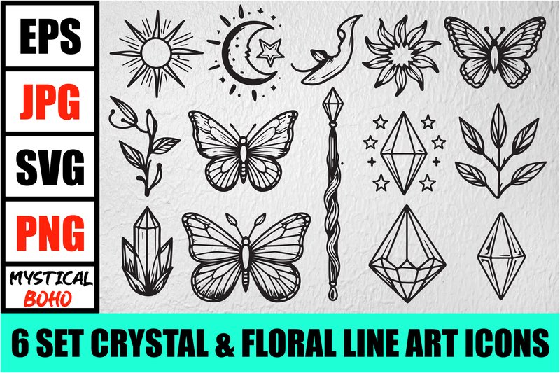 Mystical Crystal & Floral Icons Set