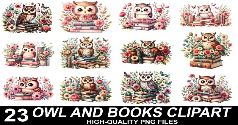 Owl with Floral Books Clipart Bundle (by SVG Print design)