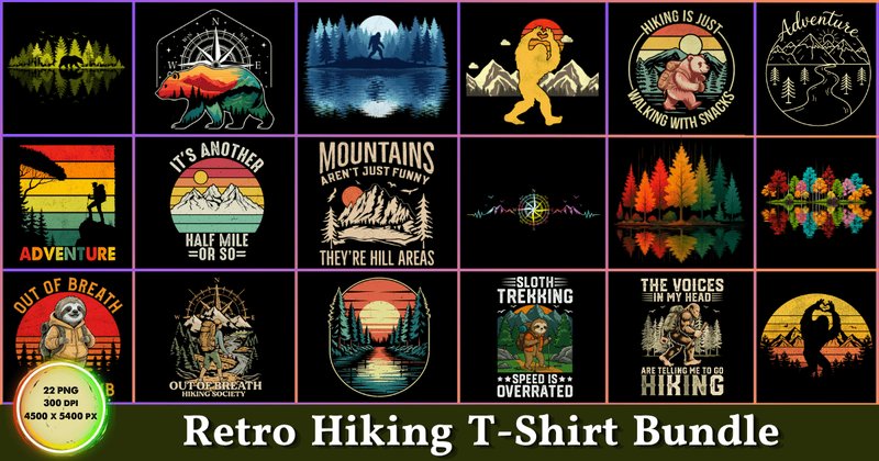 Retro Hiking T-Shirt Bundle (by PixelCraft25)