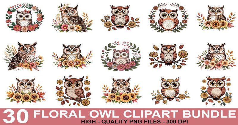 Vintage Floral Owl Clipart Bundle (by crative8112)