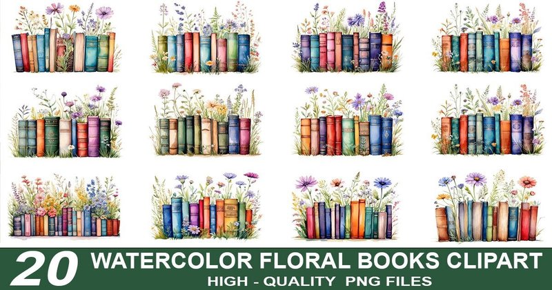 Watercolor Floral Book Clipart PNG Bundle (by crative8112)