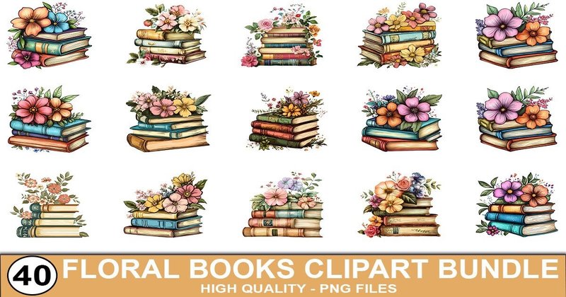 Watercolor Floral Books Clipart Bundle (by SVG Print design)