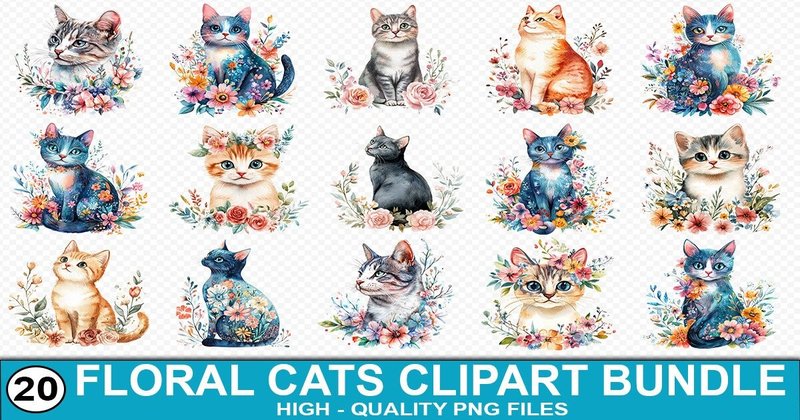 Watercolor Floral Cat Clipart Bundle (by SVG Print design)