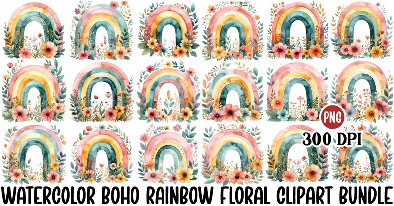 Watercolor Floral Rainbow Clipart Bundle (by Art King @)