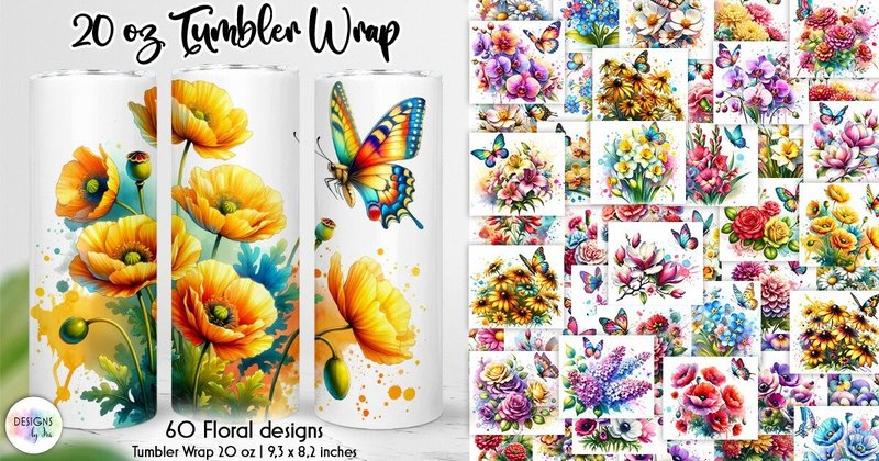Watercolor Flowers Tumbler Wraps Bundle (by Designs by Ira)