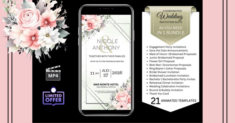 Wedding Invitations - Watercolor Pink Roses Bundle (by Studio21)