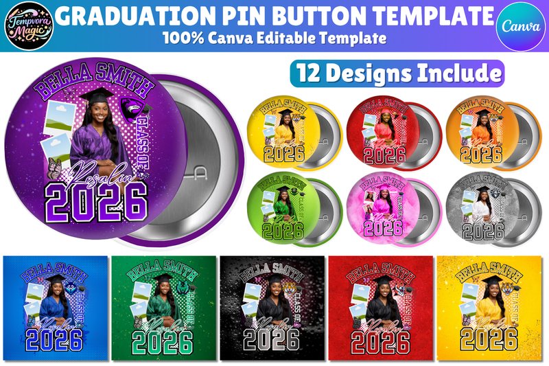 12 Graduation Pin Button Canva Template (by Canva Magic)