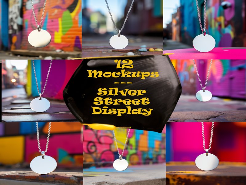 12 Silver Disc Pendant Street Mockups (by onestopmock)