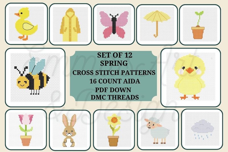 12 Spring Cross Stitch Patterns Bundle (by Emma's Art & Design Co)