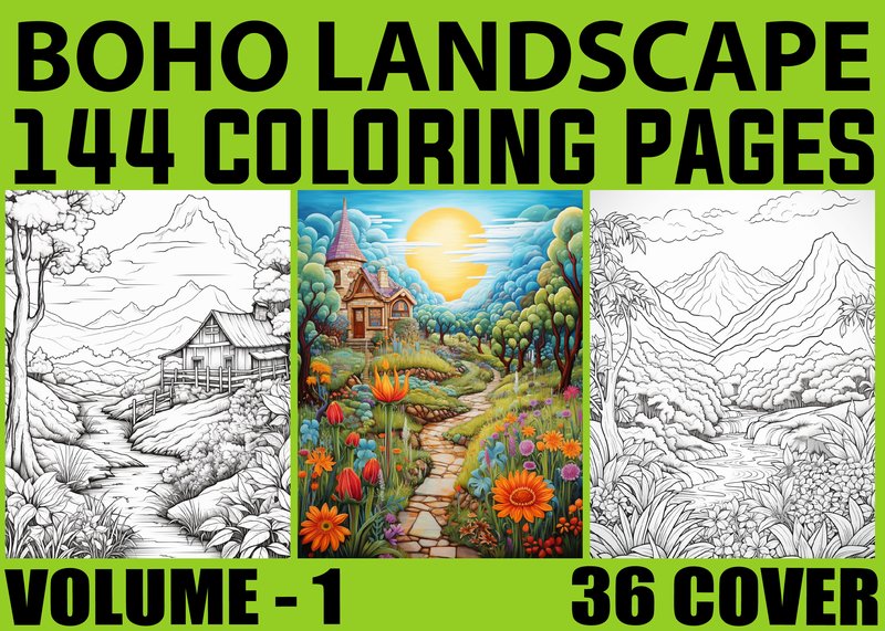 144 Boho Landscape Coloring Pages Adults (by Creative Art)