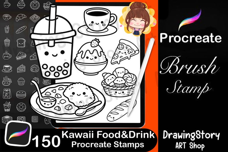 150 Kawaii Food Drink Procreate Stamps (by DrawingStoryArt)