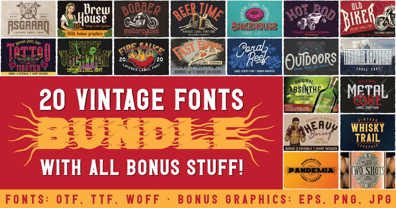 20 Vintage Fonts Bundle (by Vozzy Vintage Fonts And Graphics)