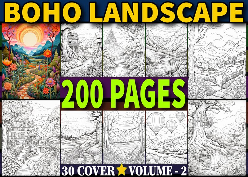 200 Boho Landscape Coloring Pages Adults (by VIRTUAL ARTIST)